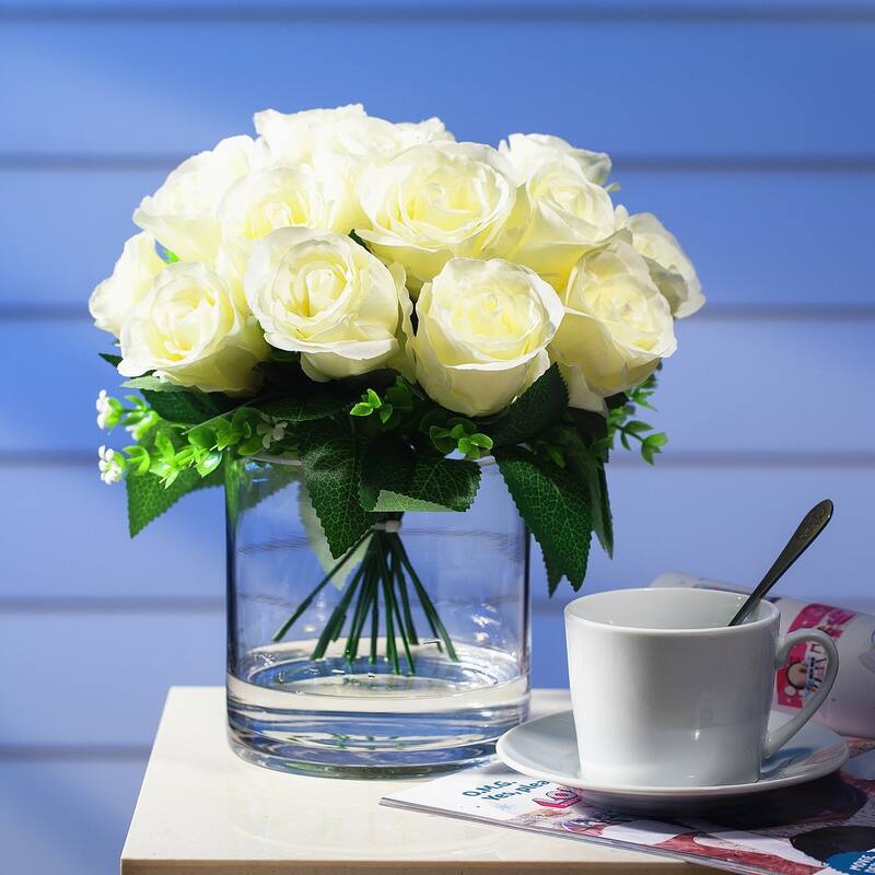 Enova Home Artificial Open Fake Silk Roses Flowers Arrangement in Clear Glass Vase with Faux Water for Home Wedding Decoration