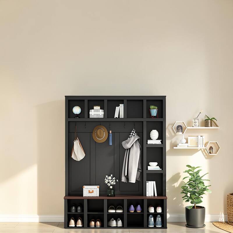 Farmhouse Entryway Hall Tree with Coat Rack, 13 Cubbies Shoe Storage, Adjustable Shelves & Walnut Bench