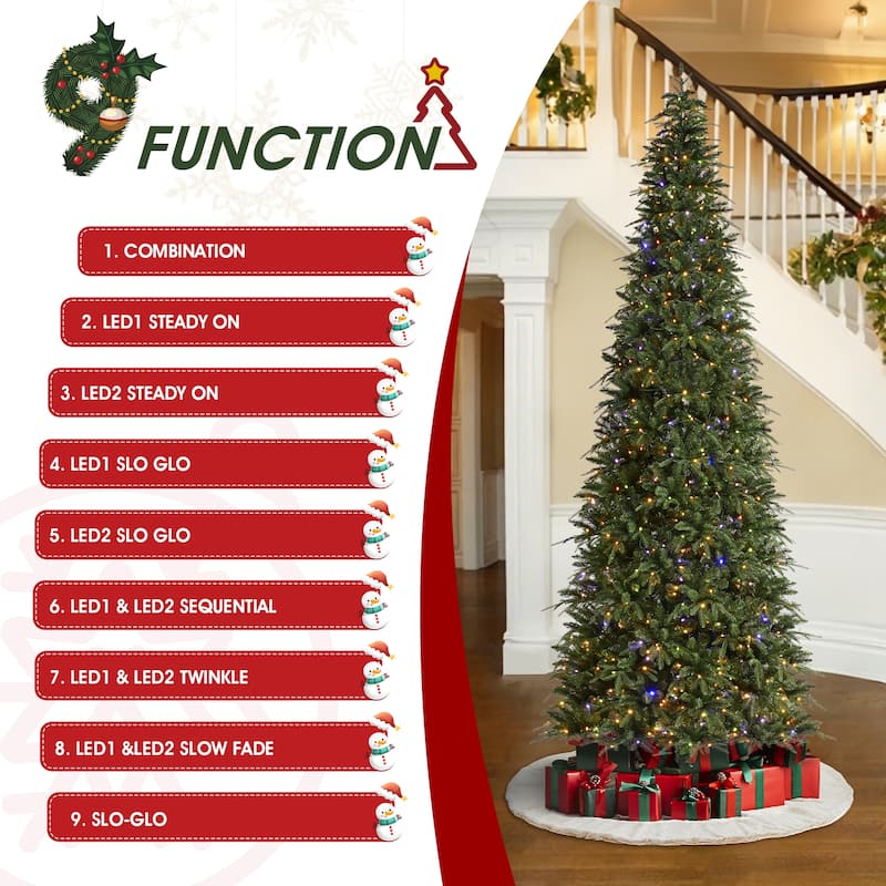 Glitzhome 11ft Pre-Lit Green Slim Fir Artificial Christmas Tree with 850 LEDs & 9 Light-Modes