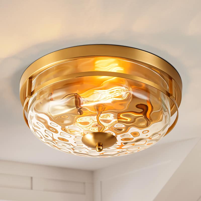 2-Light Modern Industrial ORB/Gold Ceiling Light Dome Cone Clear Water Rippled Glass Flush Mount Light - 12.9 in. W x 5.5 in. H - Aged Brass