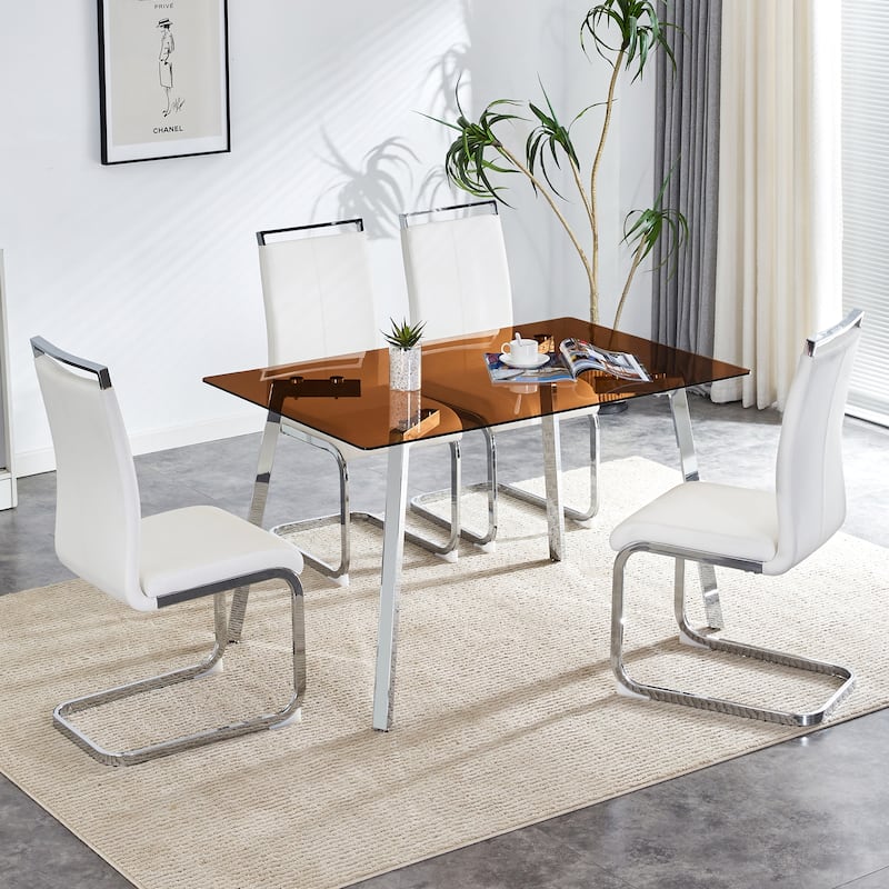 1 table and 4 chairs,tempered glass tabletop and metal legs, rectangular glass dining table,paired with 4 silver leg chairs.