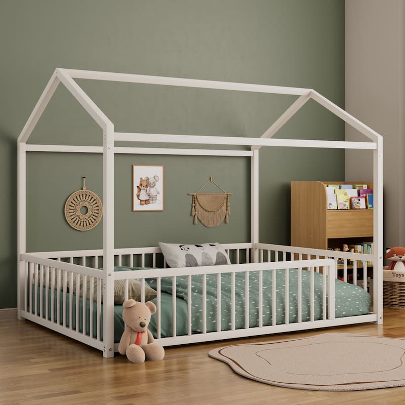 Montessori Metal House Bed with Low Entry & 3-Side Fence by Harper&Bright Designs - White - Full