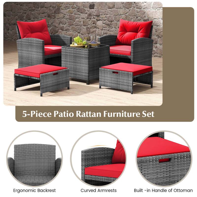 Costway 5 Piece Patio Rattan Furniture with 2 Ottomans & Tempered - See Details