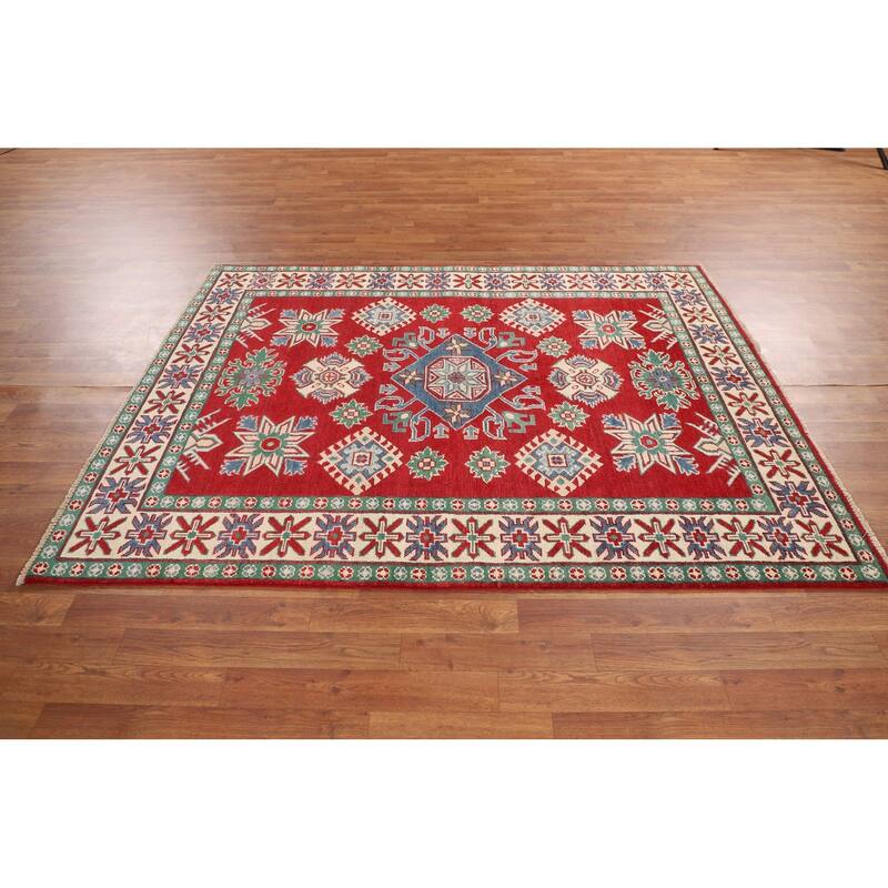 Red Kazak Oriental Area Rug Hand-Knotted Geometric Wool Carpet - 5'0" x 6'7"