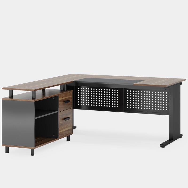 63" L-Shaped Executive Desk with File Cabinet in Rustic Brown and Black