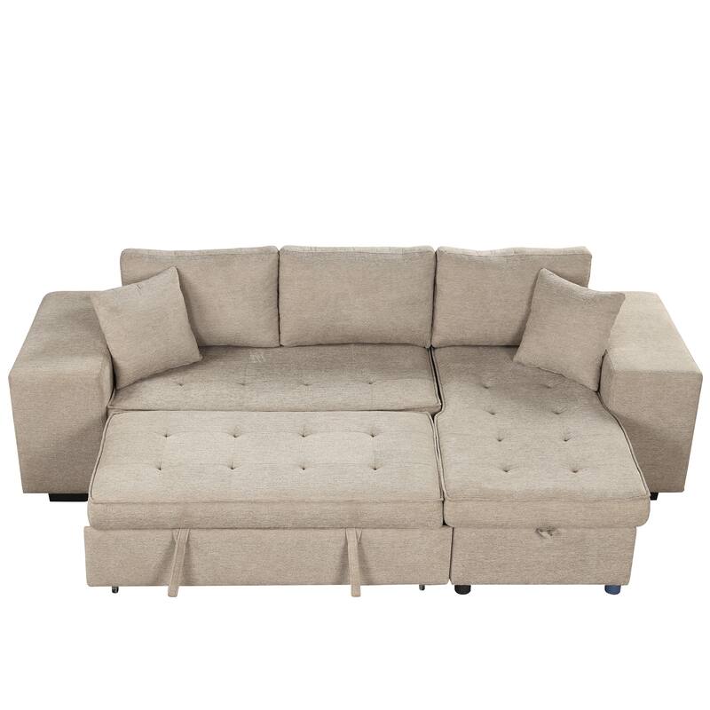 Convertible Sleeper Sectional Sofa, Reversible Sofa with Pull-Out Bed, Storage Chaise & 2 Stools, Linen Upholstered 4 Seat Sofa