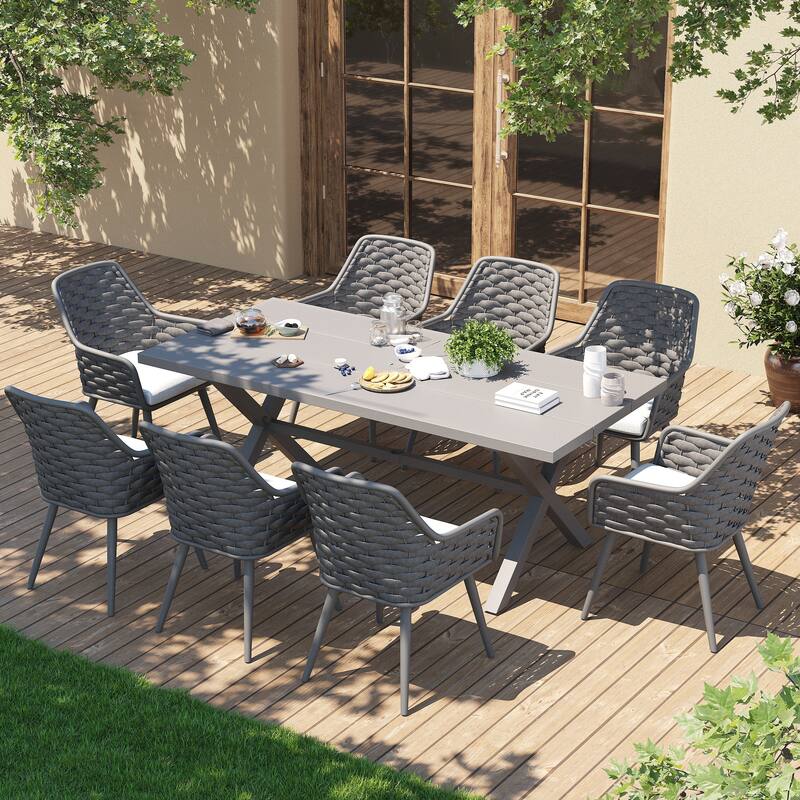 Outdoor Patio Dining Sets with Handwoven Rope Chairs and X-leg Aluminum Dining Table for 8 Persons
