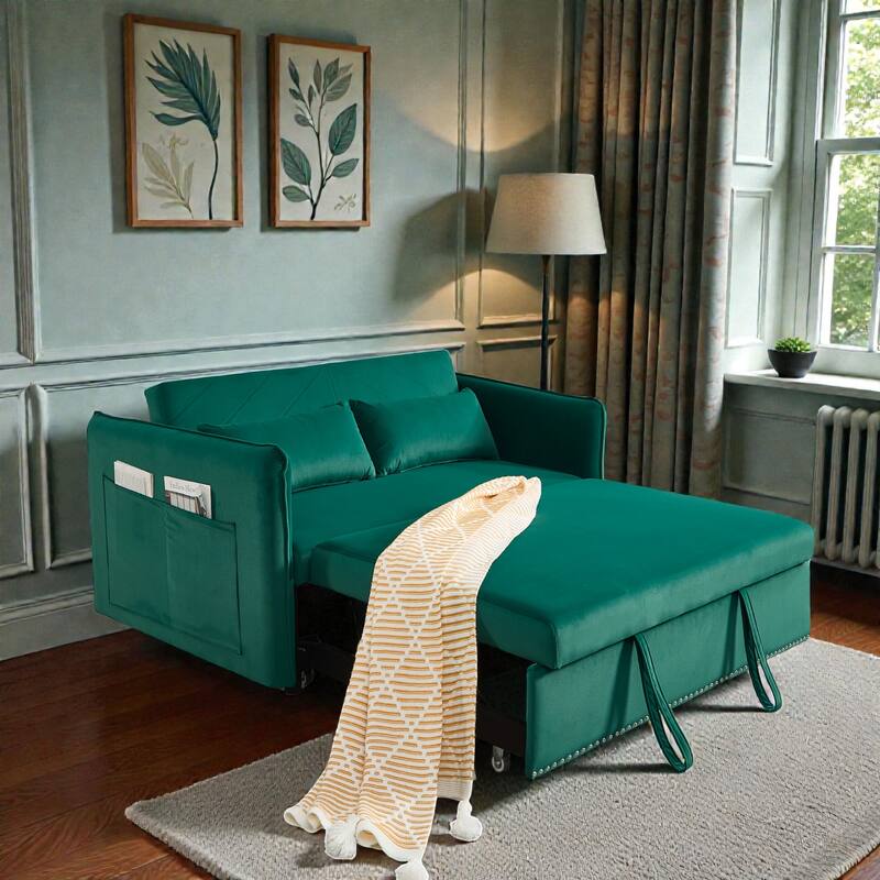 3 in 1 Convertible Sleeper Sofa Bed, Velvet Futon Loveseat with Pull Out Bed, Adjustable Backrest and Side Pockets