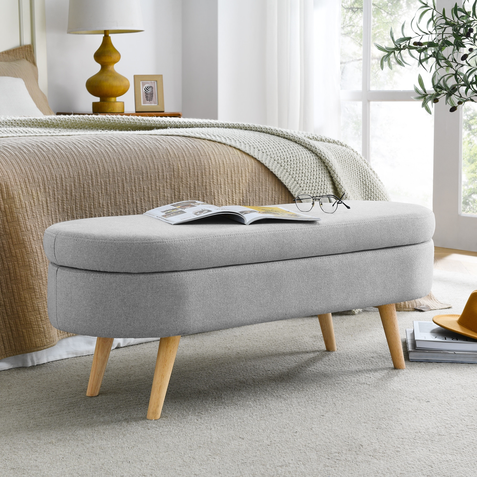 Ottoman Oval Storage Bench With Rubber Wood Legs For Practical Seating Solution