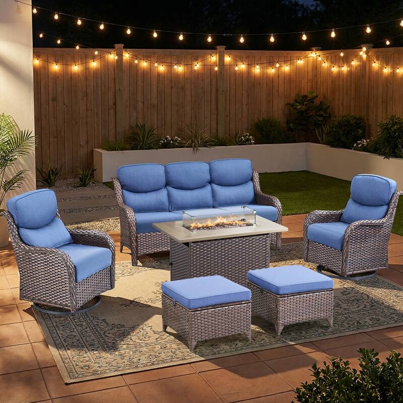 Pocassy Outdoor Fire Pit Sofa Swivel Chairs Ottoman Conversation Set - Brown Wicker Blue Cushion - 6-Piece Sofa Swivel Chair Ottoman w/ Fie Table