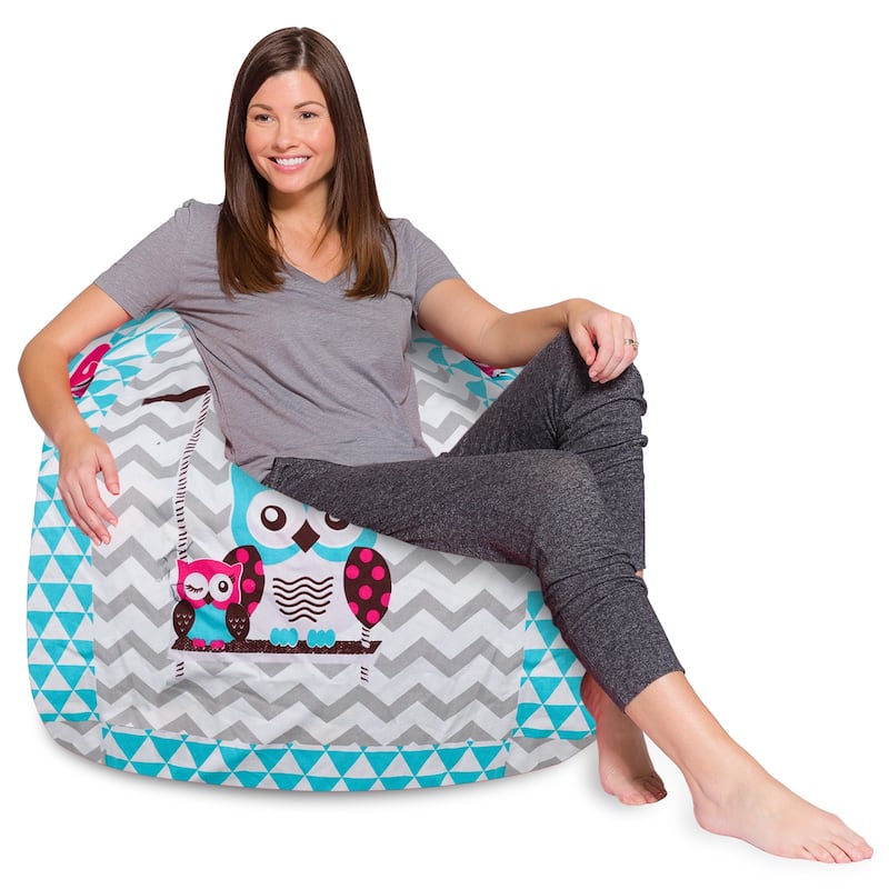 Kids Bean Bag Chair, Big Comfy Chair - Machine Washable Cover - 48 Inch Extra Large - Canvas Owls White and Blue