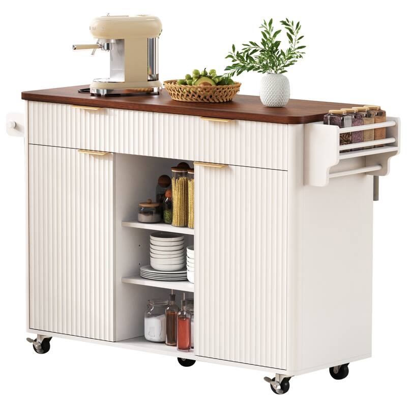 Kitchen Island with Drop Leaf & Power Outlet, Fluted Island Table on Lockable Wheels, Kitchen Cart with Adjustable Shelves