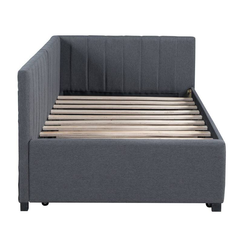 Upholstered Daybed with Trundle Twin Size Sofa Bed Frame No Box Spring Needed, Linen Fabric