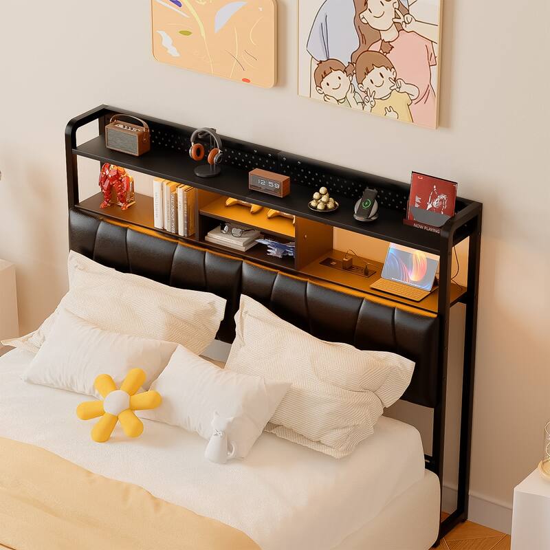 Upholstered Headboard with Pegboard and Charging Station, Storage Headboard Shelves and LED Light - Black - Queen