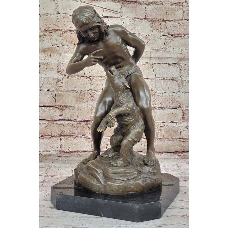Native American Indian Shaman Taming A Bear - Bronze Sculpture Statue By P. Bartlett