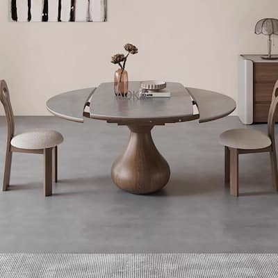 51" Modern Extendable Round Dining Table, Solid Wood legs, Sintered Stone Table top - 51