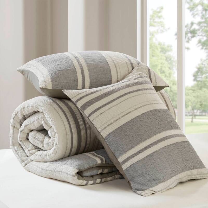 GDF Studio - Amara Textured Cotton Comforter 3-Piece Set with Waffle and Gauze Weave
