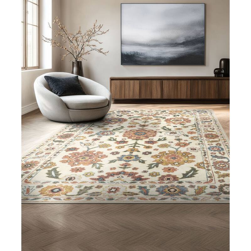 Smart Wash Ambient Glam Oriental Indoor Polyester Area Rug - 5' x 6'11'' - Ivory/Gold