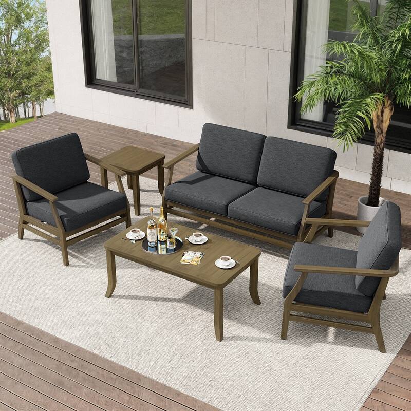 Teak Outdoor Patio Seating Set with Loveseat, Chairs and Tables (5-Piece)