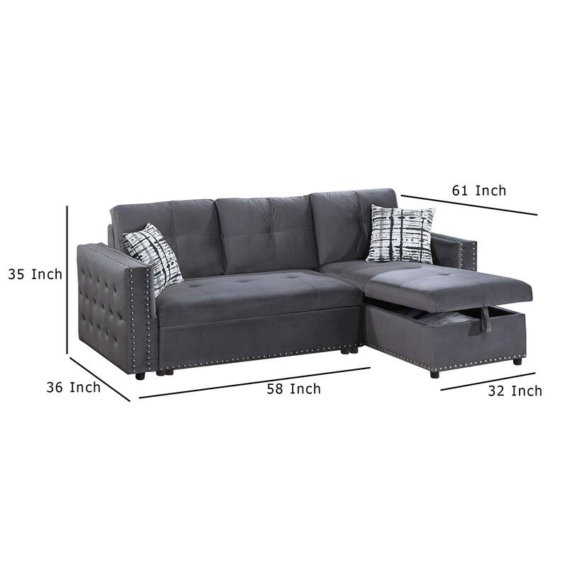Ero Convertible Sectional Sofa, Storage Chaise, 2 Pillows, Gray Velvet