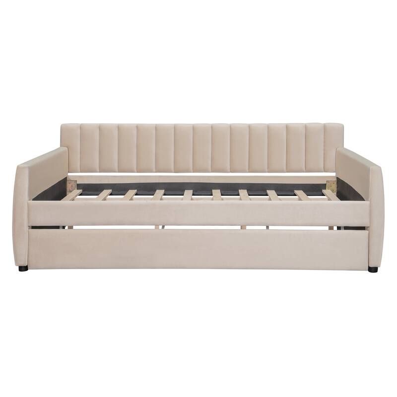 Full Size Upholstered daybed with Trundle and Wood Slat Support