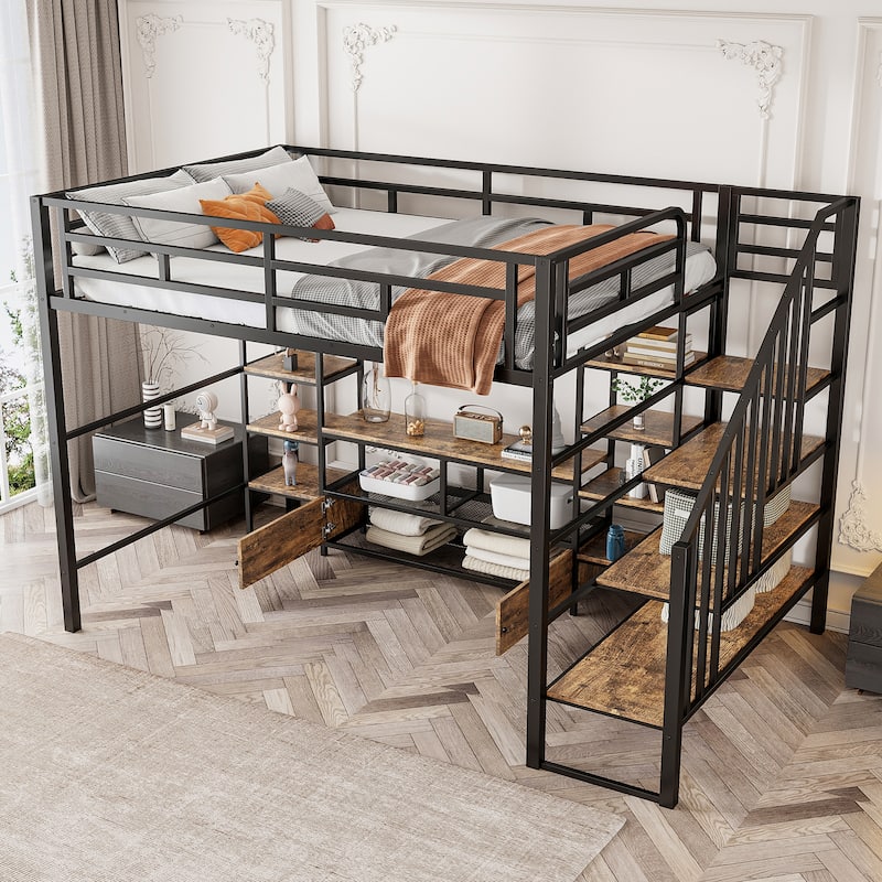 Full Size Metal Loft Bed with Staircase, Low Storage Table and Storage Shelves, Black