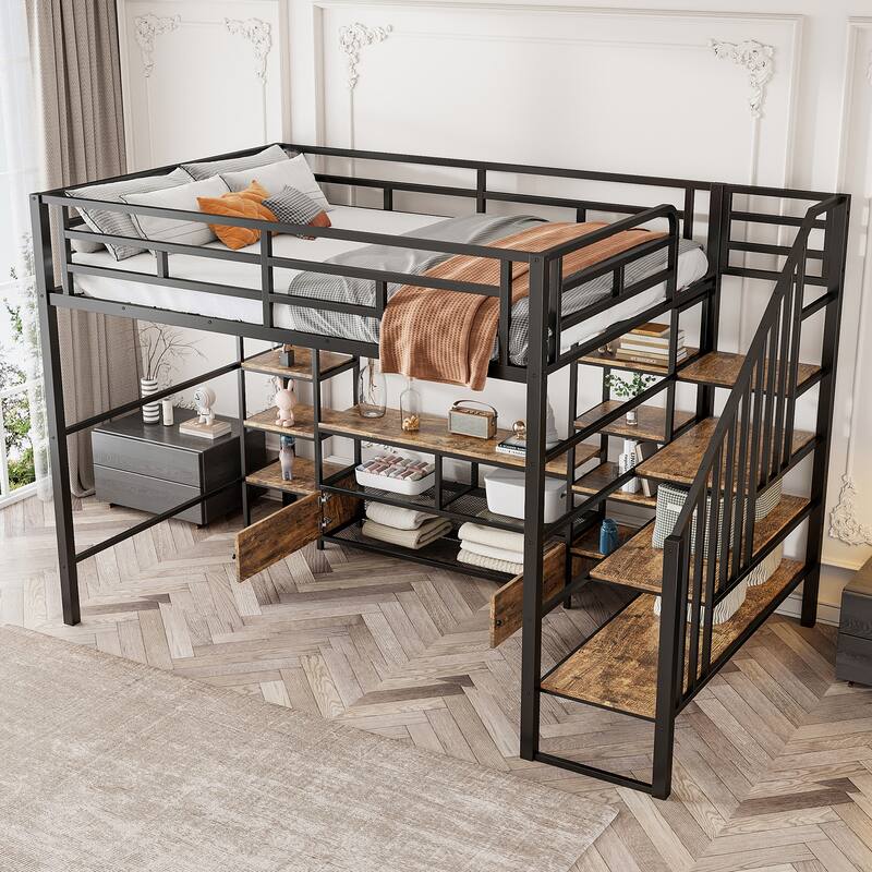 Full Size Metal Loft Bed with Storage Staircase & Work Table (250lb Capacity)