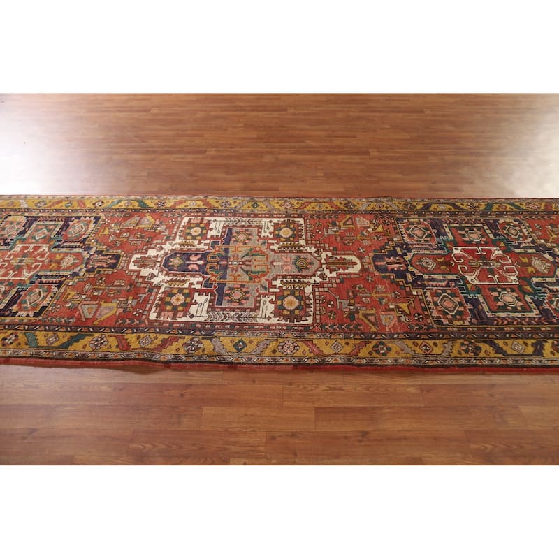 Geometric Hand-knotted Heriz Persian Vintage Runner Rug - 3'8"x 11'3"
