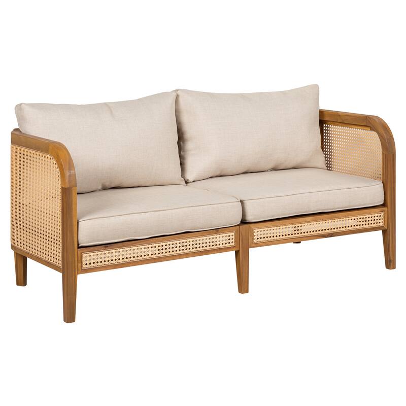 Roomfitters Kirkby Outdoor Acacia Wood Sofa with Wicker Back and Cushion, Boho Teak Finish