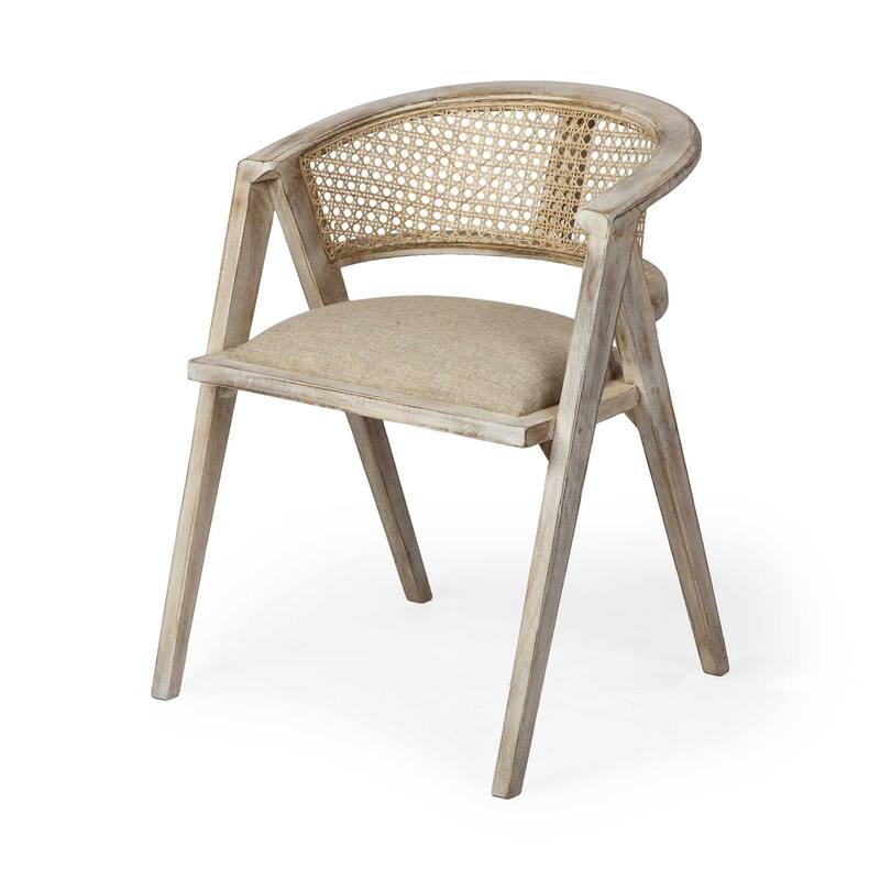 HomeRoots Beige And Gray Upholstered Linen Curved Back Dining Arm Chair