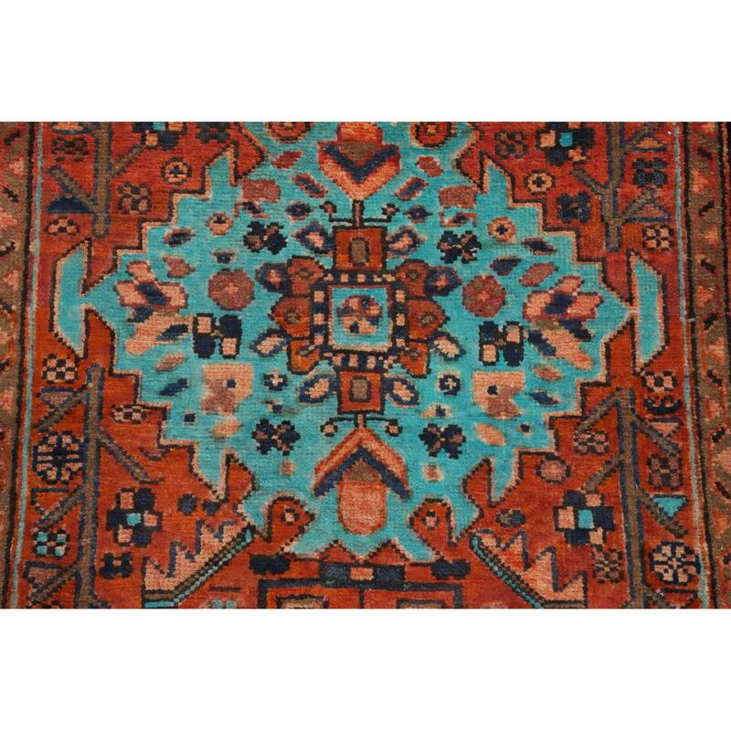 Hand Knotted Oriental 100% Wool Carpet Traditional Geometric Oranges & Rust Heriz Runner Rug - 10' 7'' X 3' 1''