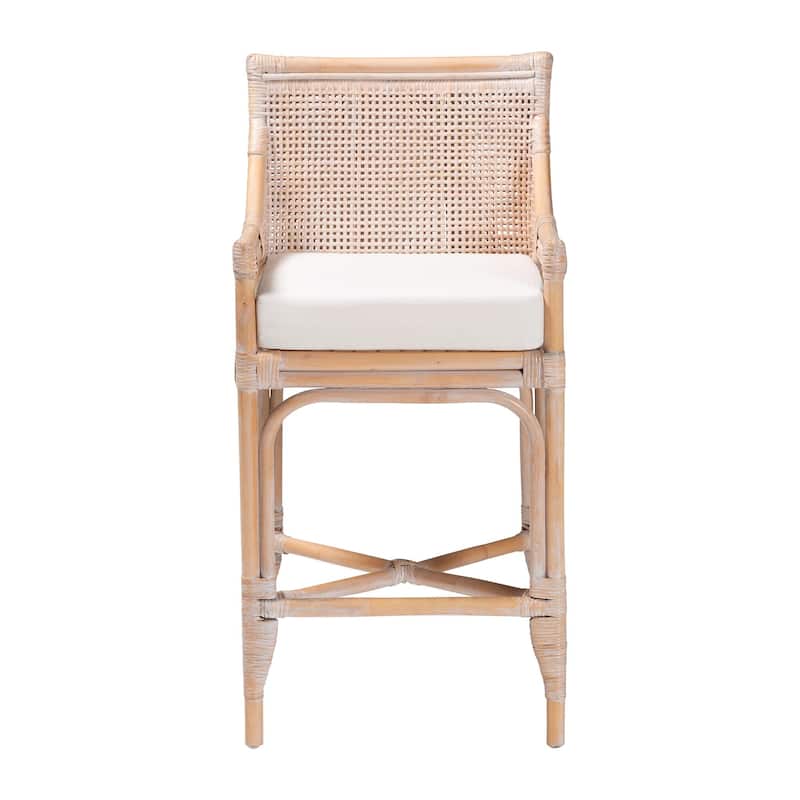 Allen Natural Rattan Counter Stool - Handwoven Wicker Stool with Lattice Back and Removable Cushion, Counter Height Seating