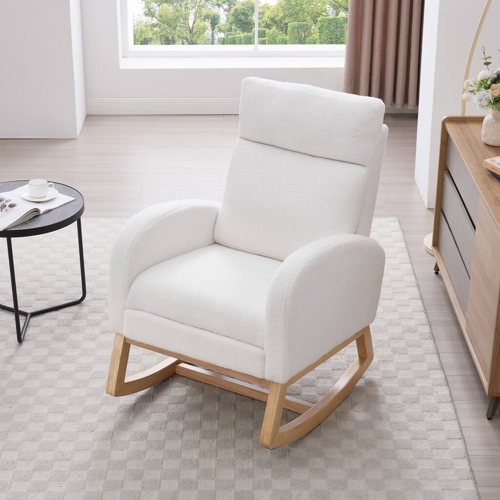 Teddy Fabric Rocking Chair with Adjustable Footstool for Relaxation