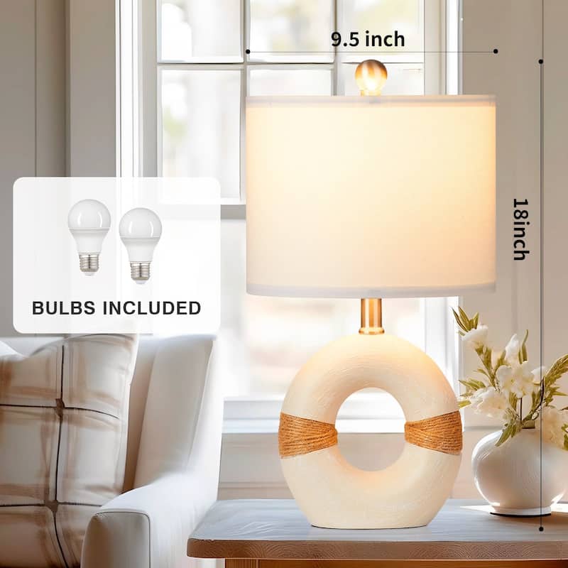 Table Lamps Resin White Donut Style Rotary Switch Jute Rope Accessory (Set of 2) - 9.5'' x 9.5'' x 18'' (L x W x H)