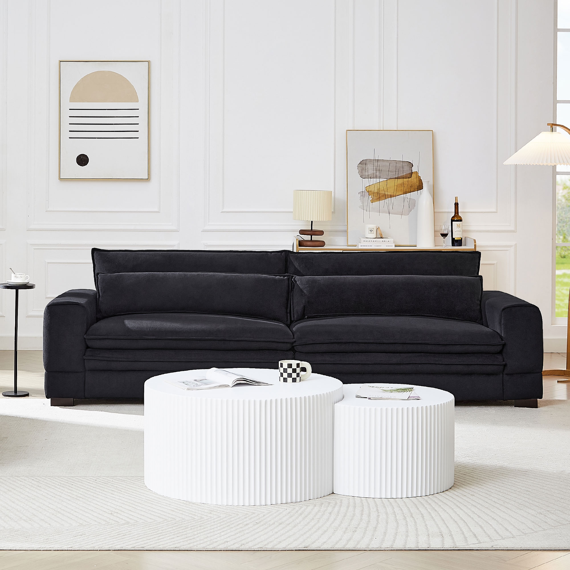 Matt Black Modern 104.72 Large Fabric Upholstered Sofa with 2 Lumbar Pillows