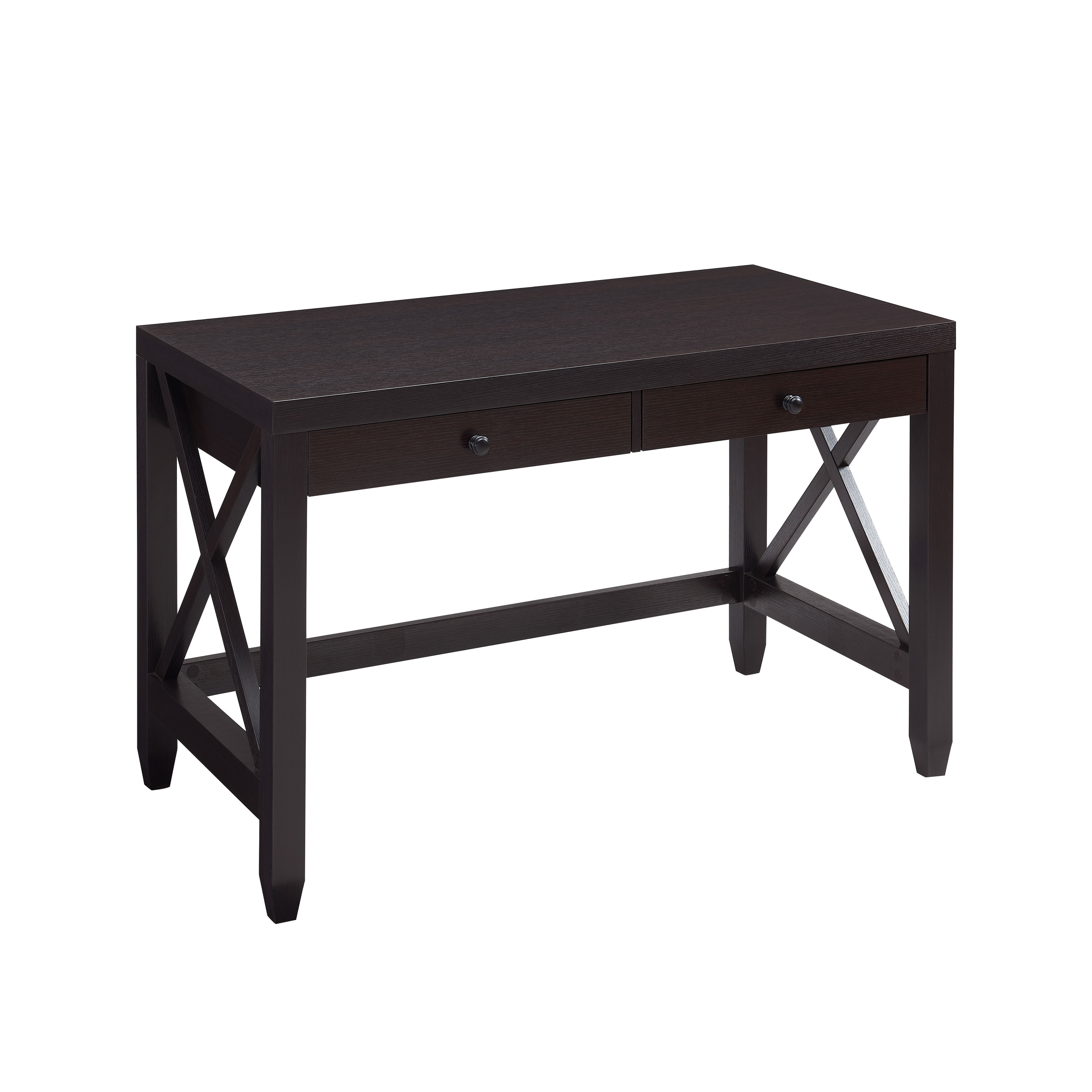 Home Office Desk Writing Table Two Drawers Wooden Knob Handles Finished On The Back X Brace Leg Frame