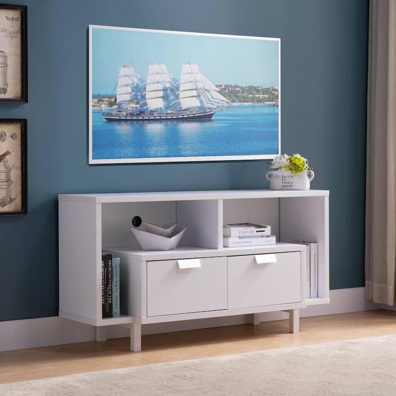 TV Stand with Two Shelves and Two Drawers in White - 25"H x 47.25"W x 13.5"D