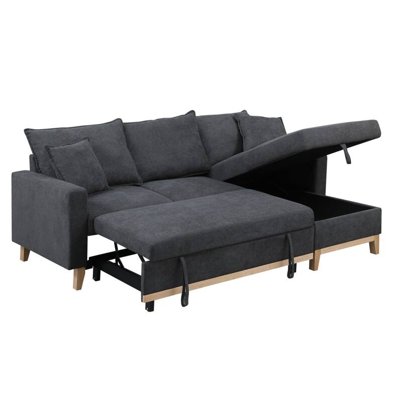 Colton 84.25-inch Dark Gray Woven Reversible Sleeper Sectional Sofa with Storage Chaise - 84.25"W x 57"D x 35"H