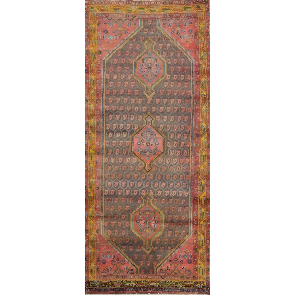 Hand Knotted Oriental 100% Wool Carpet Traditional Geometric Greys & Charcoal Hamedan Runner Rug - 9' 2'' X 3' 6''