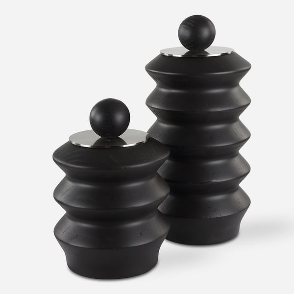 slide 2 of 4, Uttermost Accordion Black Wood Containers, Set Of 2