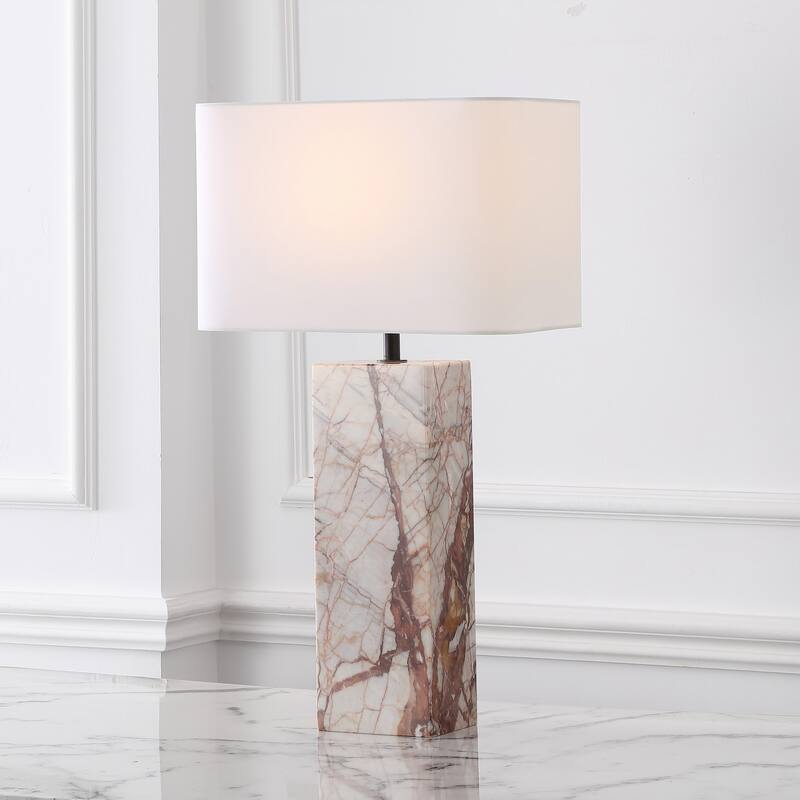 SAFAVIEH Couture Chrisette Marble Square Base Table Lamp - 15"W x 15"D x 28"H - White/Red