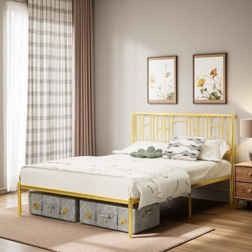 Queen Size Gold Metal Bed Frame with Decorative Headboard, Noise-Free Steel Platform, Underbed Storage, No Box Spring Needed