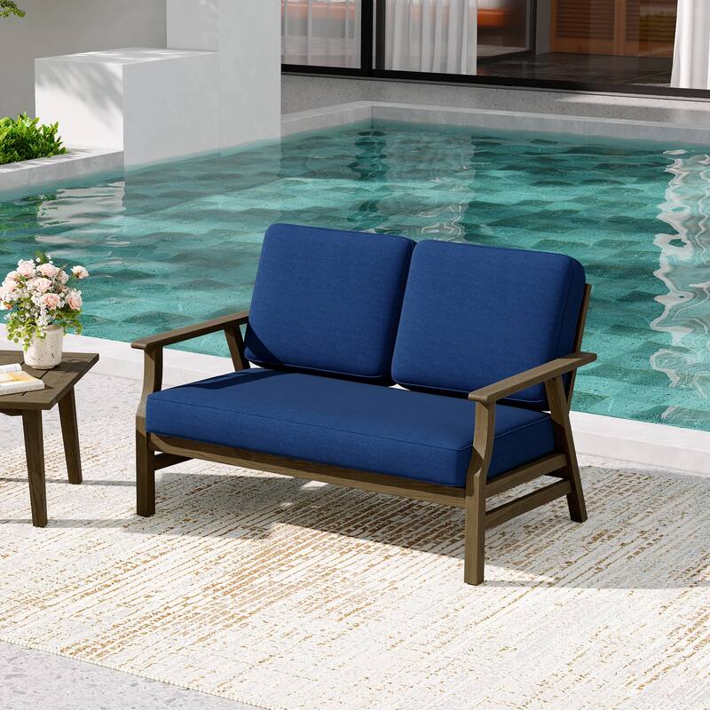 Teak Frame Outdoor Loveseat Daybed with Water-Resistant Cushions.
