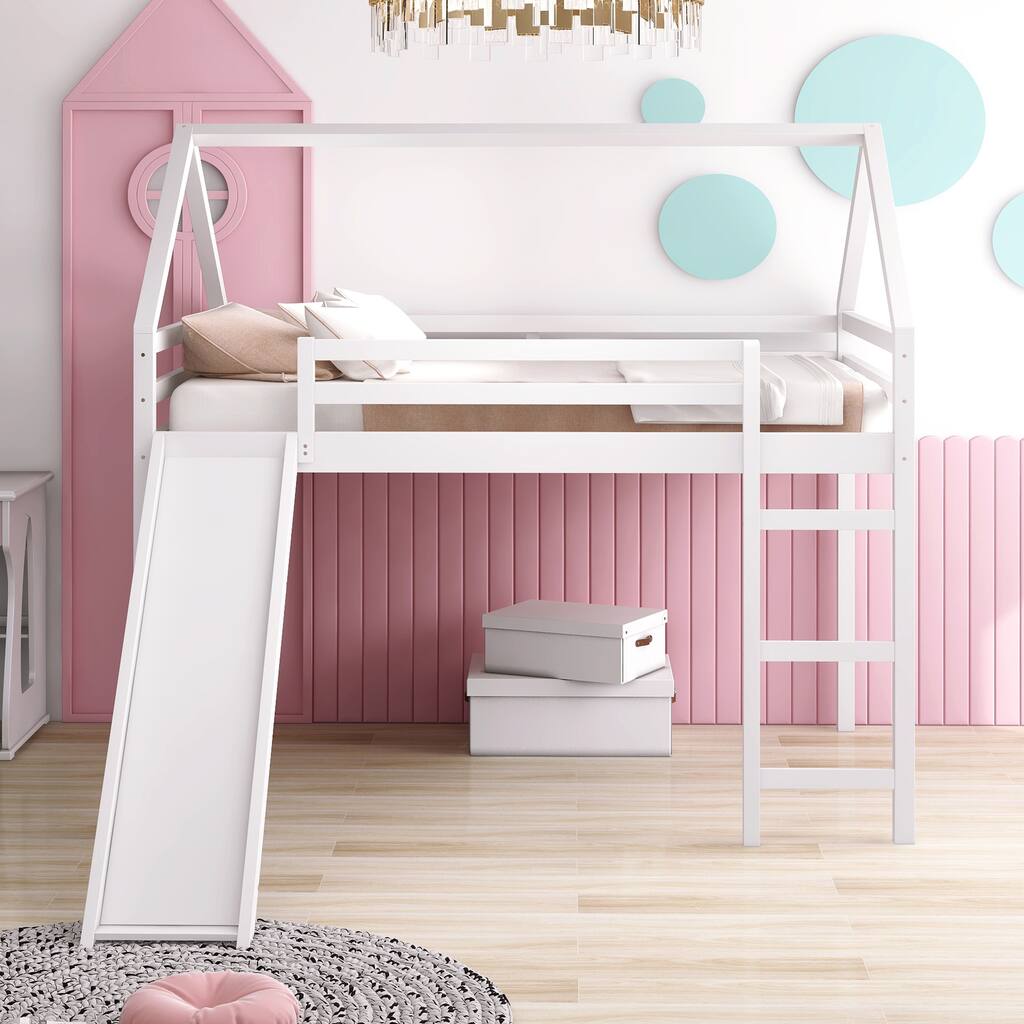 Full Size Loft Bed with Slide, House Bed with Slide,White