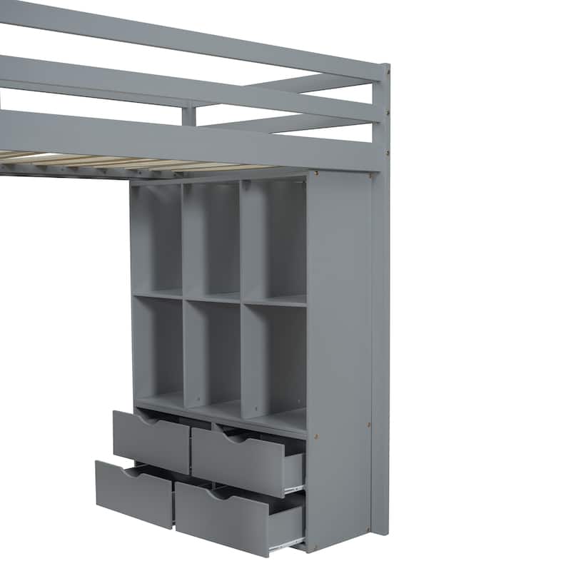 Twin Size Solid Wood Loft Bed with large shelves, writing desk and LED Light for Bedroom