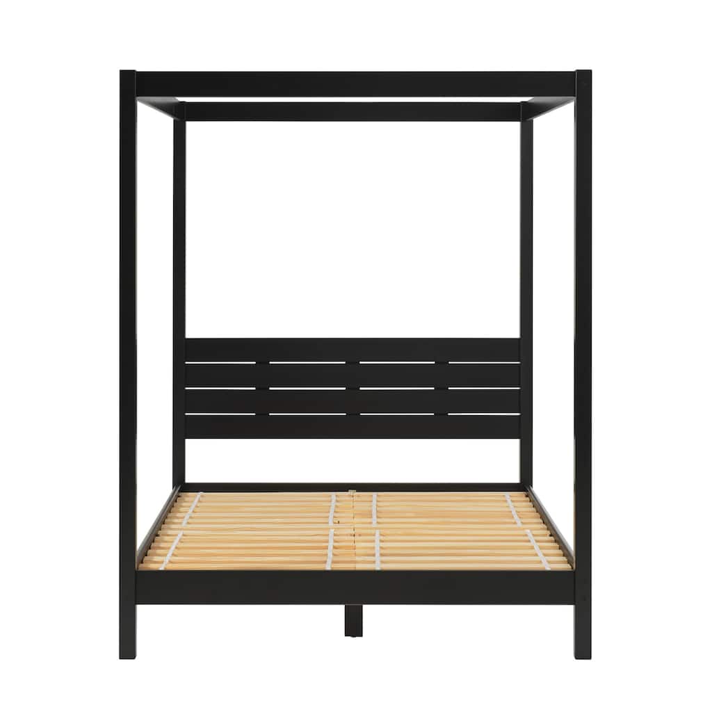 Modern Minimalist Boho Queen Canopy Bedframe in Black with Solid Pine Wood Construction