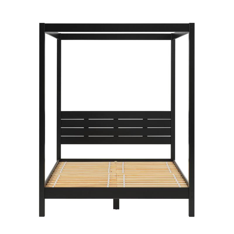 Modern Minimalist Boho Queen Canopy Bedframe in Black with Solid Pine Wood Construction - Black