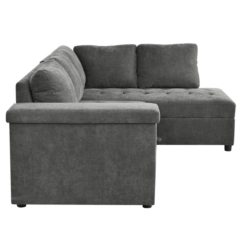 91.5" Polyester L-Shaped Sectional Sofa with Pull-Out Bed, Hidden Storage and Wide Storage Armrests