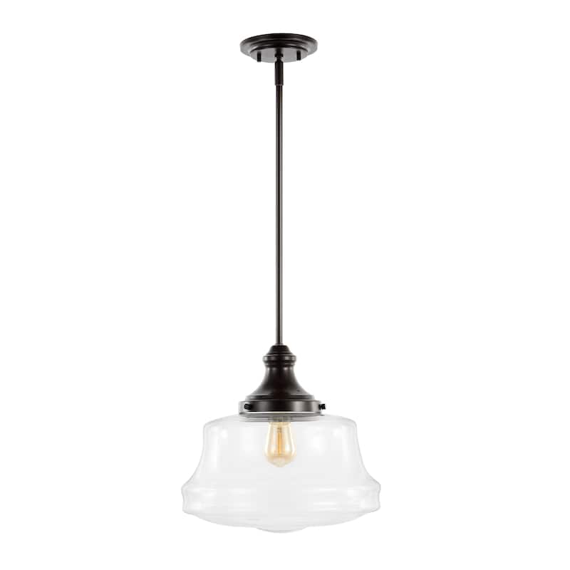 Olivier 14" 1-Light Bohemian Farmhouse Iron/Glass LED Pendant, Oil Rubbed Bronze/Clear by JONATHAN Y