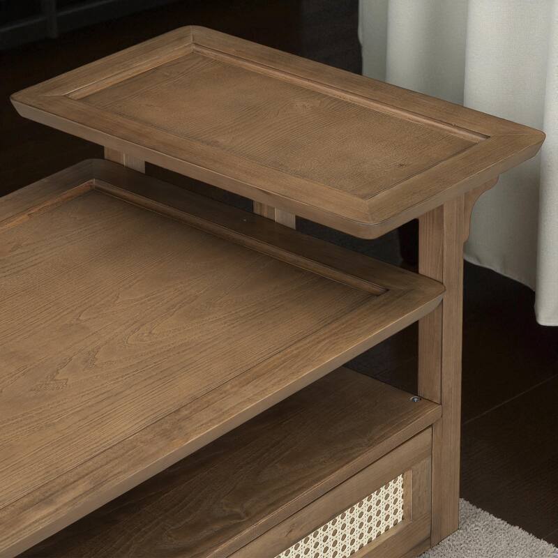 31.5'' Modern Coffee Table with Rattan Drawer, Dual Tabletops & Storage Shelf, Wooden Accent Table for Living Room